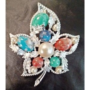 Vintage Sarah Coventry Silver Tone Leaf Brooch Signed Multi Colored Beads